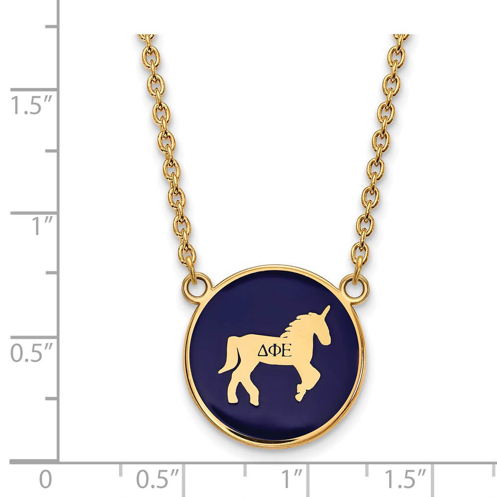 Alternate view of the 14K Plated Silver Delta Phi Epsilon Large Blue Enamel Mascot Necklace by The Black Bow Jewelry Co.