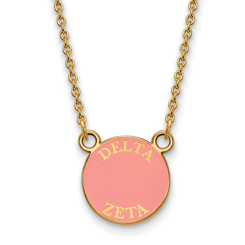 14K Plated Silver Delta Zeta Small Pink Enamel Disc Necklace, Item N14427 by The Black Bow Jewelry Co.