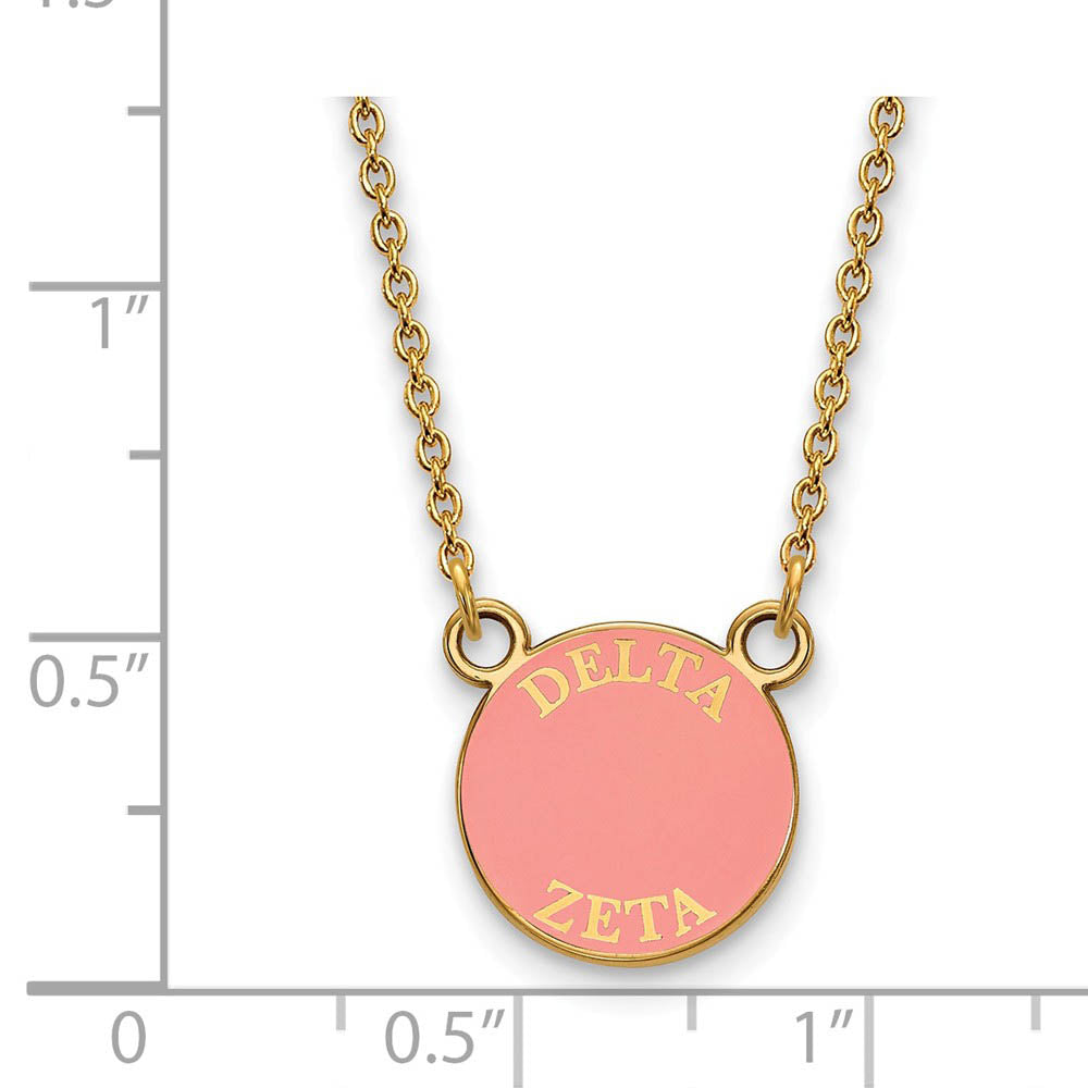 Alternate view of the 14K Plated Silver Delta Zeta Small Pink Enamel Disc Necklace by The Black Bow Jewelry Co.