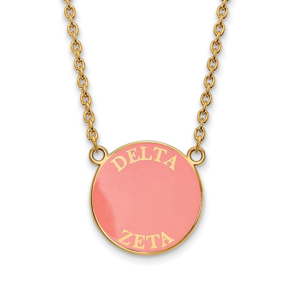 14K Plated Silver Delta Zeta Large Pink Enamel Disc Necklace, Item N14428 by The Black Bow Jewelry Co.