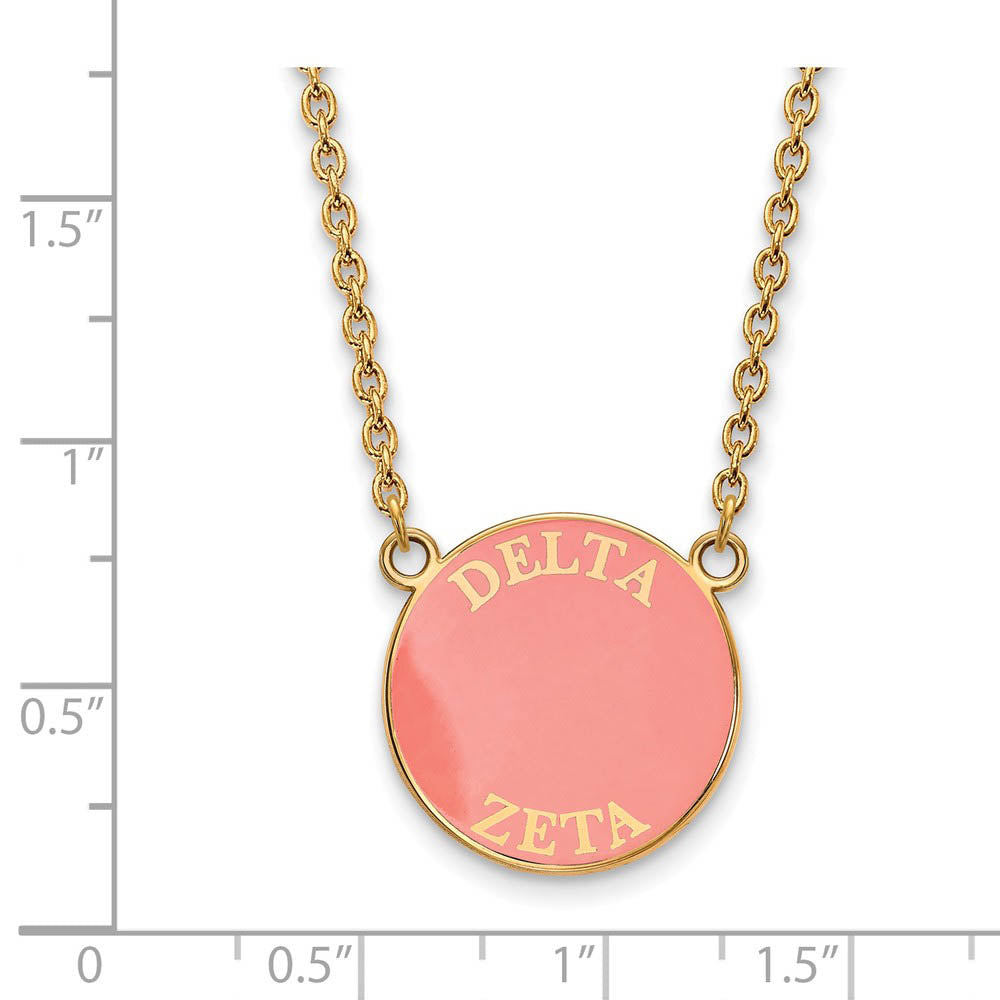 Alternate view of the 14K Plated Silver Delta Zeta Large Pink Enamel Disc Necklace by The Black Bow Jewelry Co.