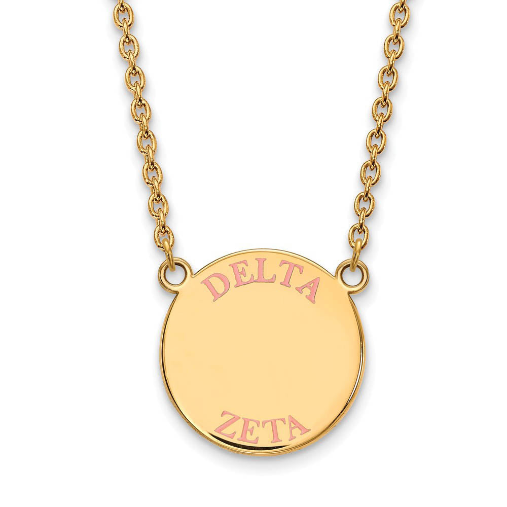 14K Plated Silver Delta Zeta Large Pink Enamel Necklace, Item N14430 by The Black Bow Jewelry Co.