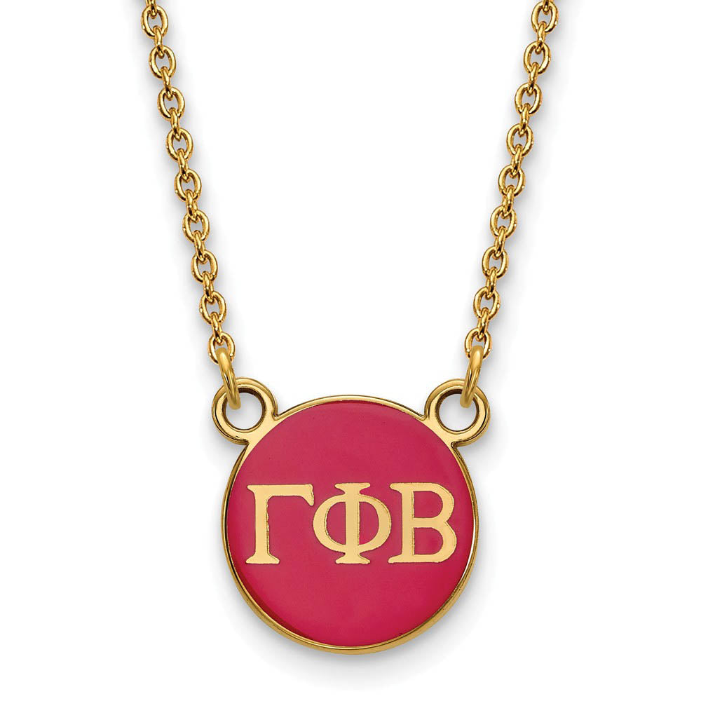 14K Plated Silver Gamma Phi Beta Small Dk Pink Enamel Disc Necklace, Item N14443 by The Black Bow Jewelry Co.