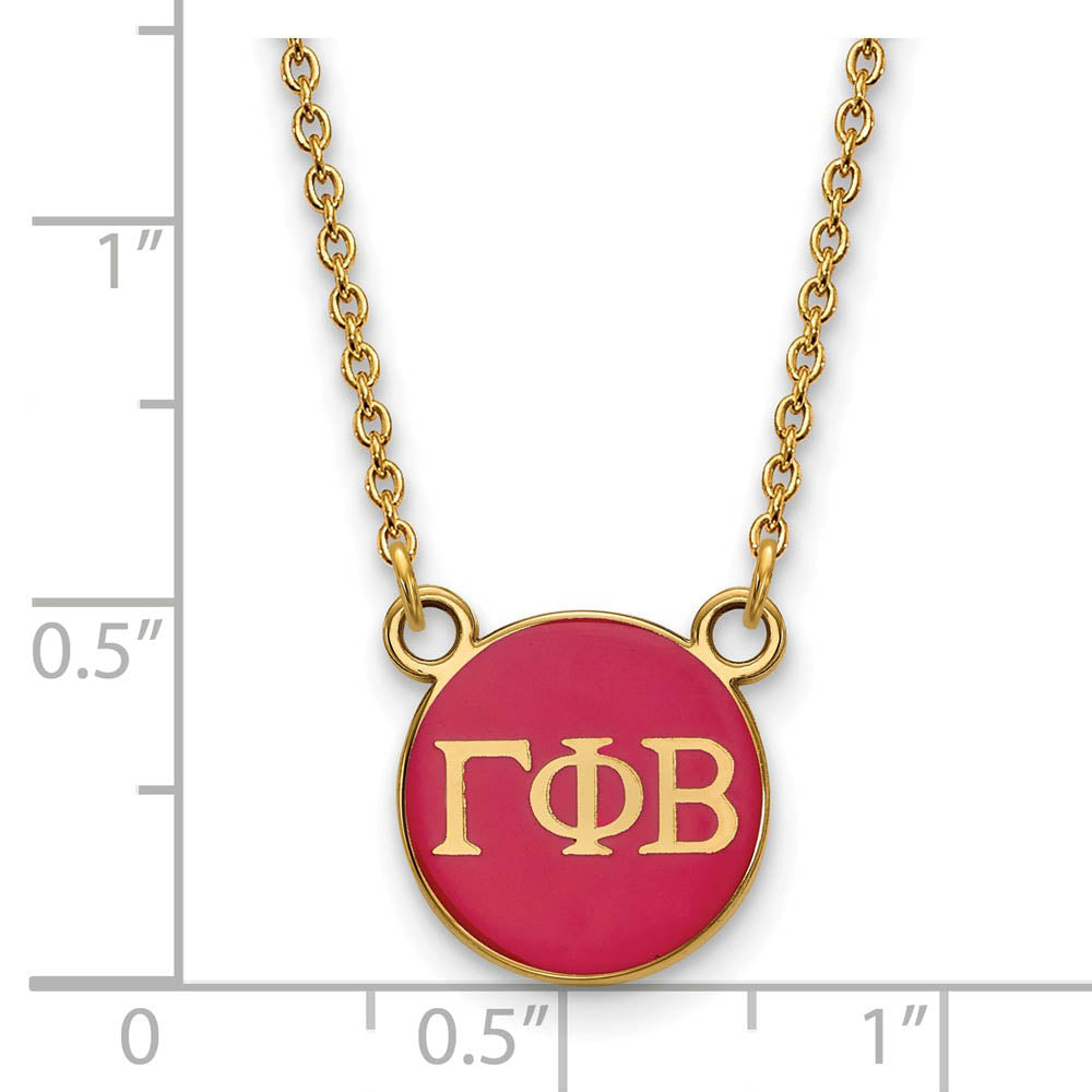 Alternate view of the 14K Plated Silver Gamma Phi Beta Small Dk Pink Enamel Disc Necklace by The Black Bow Jewelry Co.