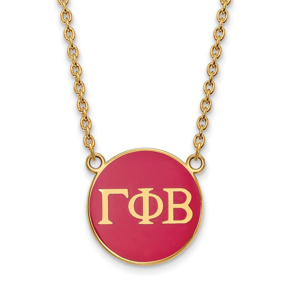14K Plated Silver Gamma Phi Beta Large Dk Pink Enamel Disc Necklace, Item N14444 by The Black Bow Jewelry Co.