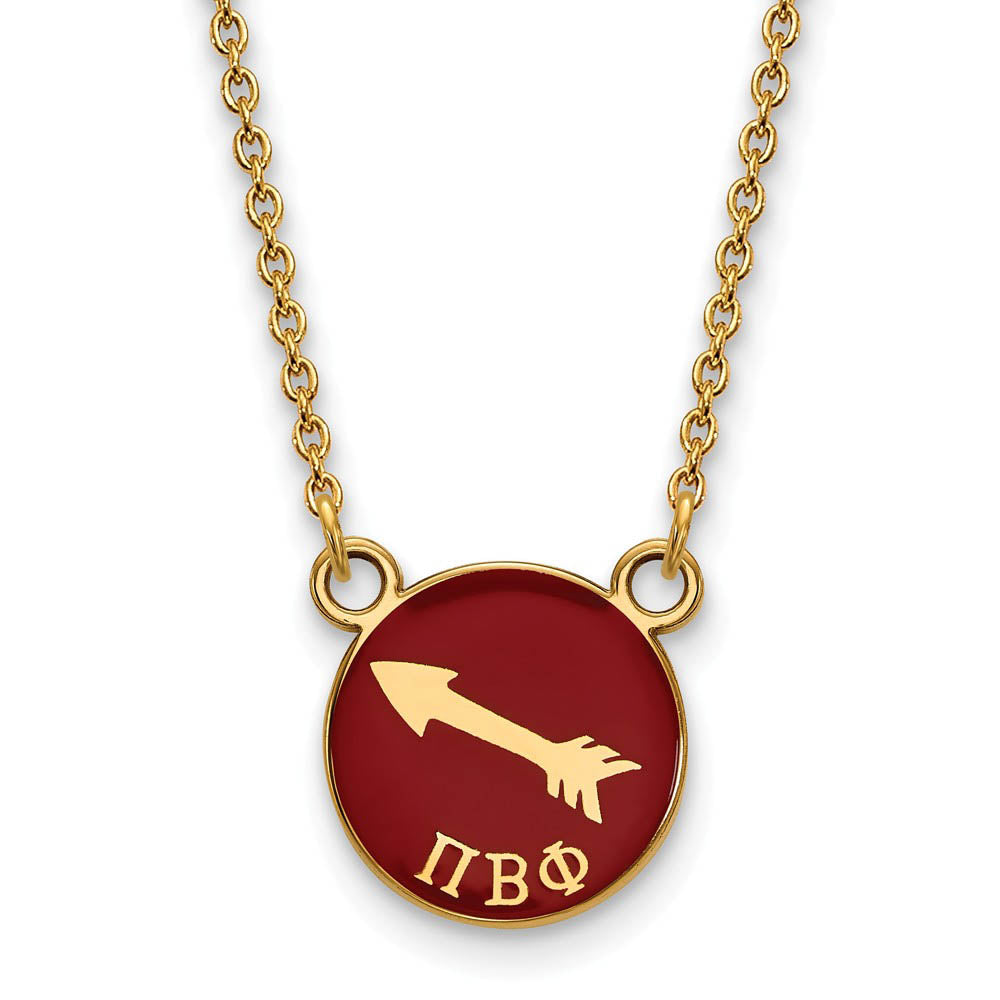 14K Plated Silver Pi Beta Phi Small Red Enamel Logo Disc Necklace, Item N14505 by The Black Bow Jewelry Co.