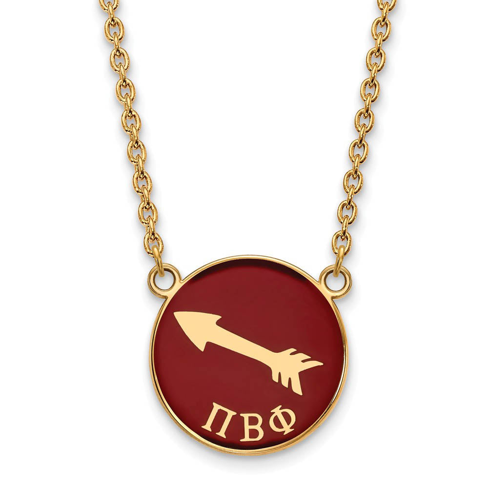 14K Plated Silver Pi Beta Phi Large Red Enamel Logo Disc Necklace, Item N14506 by The Black Bow Jewelry Co.