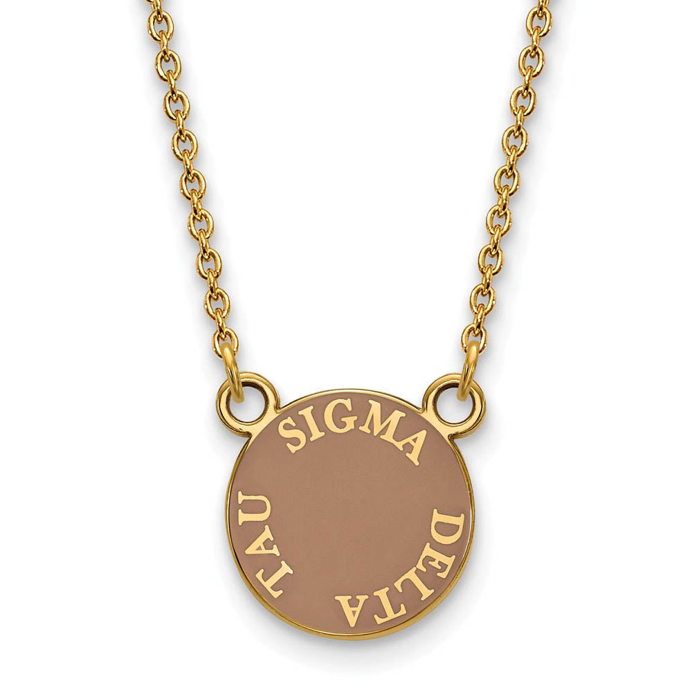 14K Plated Silver Sigma Delta Tau Small Enamel Disc Necklace, Item N14509 by The Black Bow Jewelry Co.
