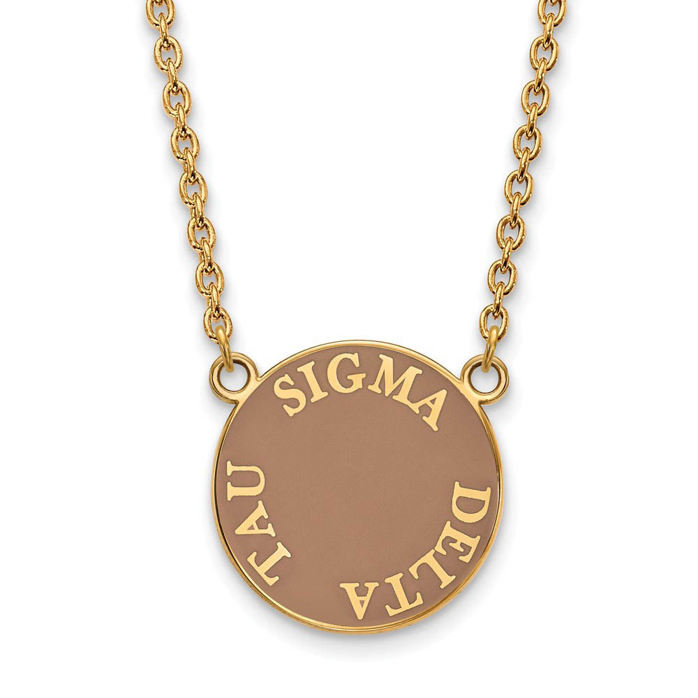 14K Plated Silver Sigma Delta Tau Large Enamel Disc Necklace, Item N14510 by The Black Bow Jewelry Co.