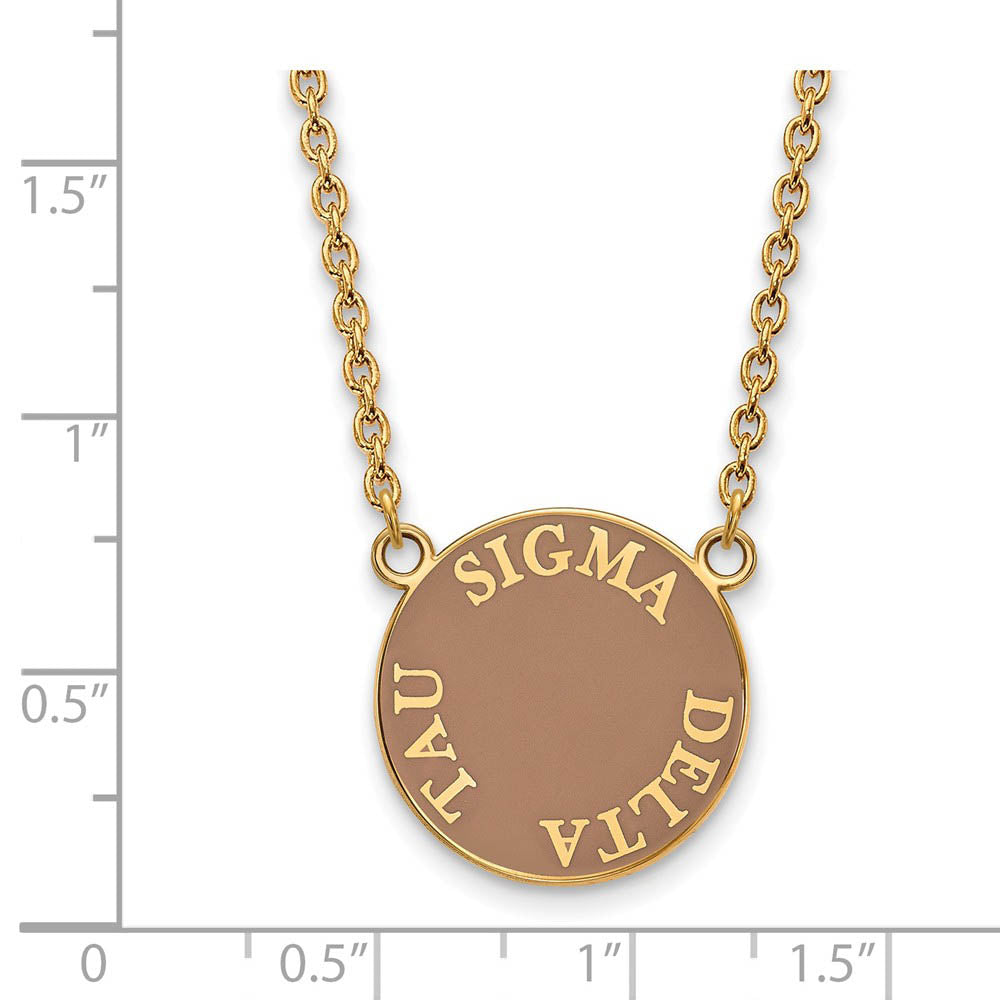 Alternate view of the 14K Plated Silver Sigma Delta Tau Large Enamel Disc Necklace by The Black Bow Jewelry Co.