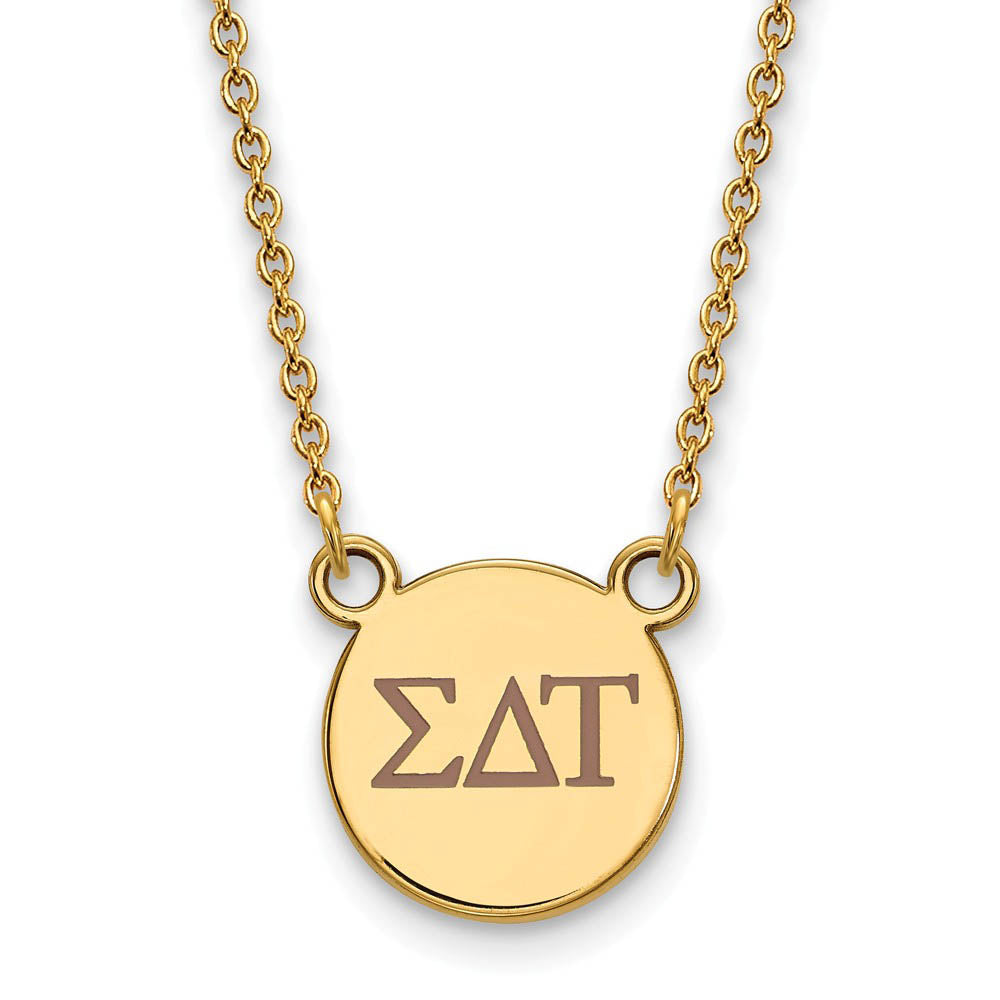 14K Plated Silver Sigma Delta Tau Sm Tan Enamel Greek Letters Necklace, Item N14515 by The Black Bow Jewelry Co.