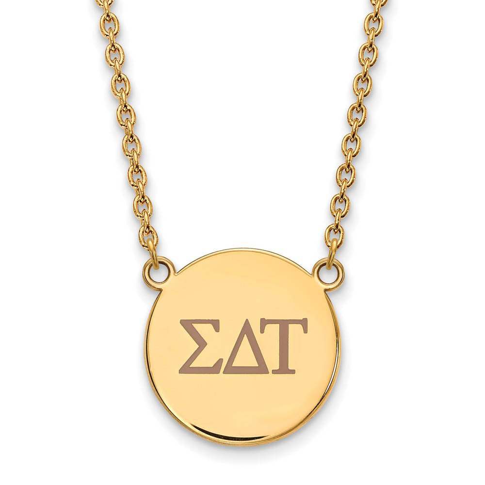 14K Plated Silver Sigma Delta Tau Lg Tan Enamel Greek Letters Necklace, Item N14516 by The Black Bow Jewelry Co.