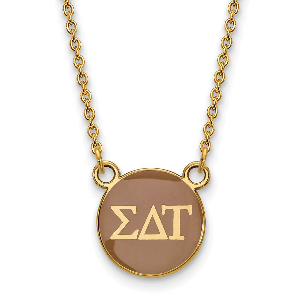 14K Plated Silver Sigma Delta Tau Small Tan Enamel Disc Necklace, Item N14517 by The Black Bow Jewelry Co.