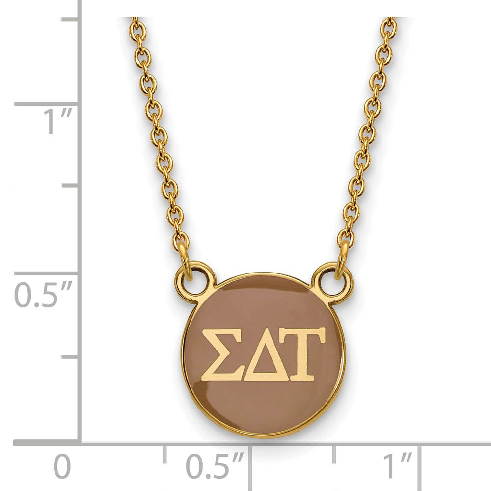 Alternate view of the 14K Plated Silver Sigma Delta Tau Small Tan Enamel Disc Necklace by The Black Bow Jewelry Co.