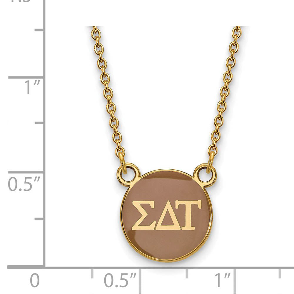 Alternate view of the 14K Plated Silver Sigma Delta Tau Small Tan Enamel Disc Necklace by The Black Bow Jewelry Co.