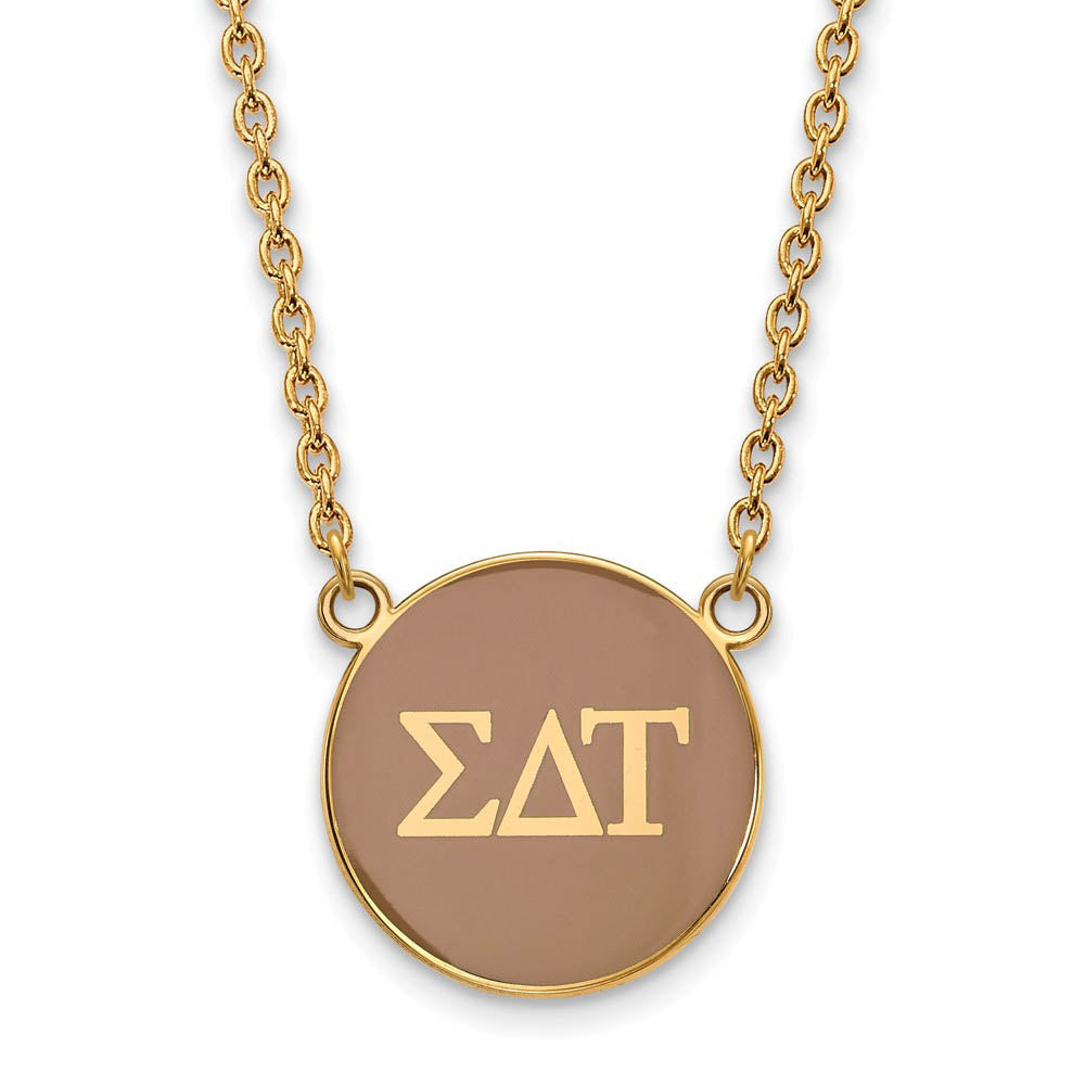 14K Plated Silver Sigma Delta Tau Large Tan Enamel Disc Necklace, Item N14518 by The Black Bow Jewelry Co.