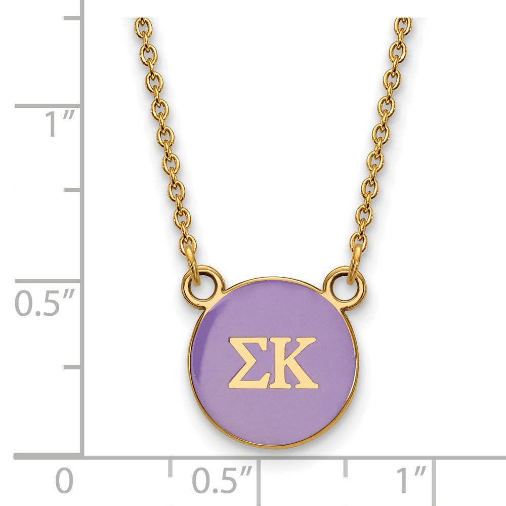 Alternate view of the 14K Plated Silver Sigma Kappa Small Purple Enamel Disc Necklace by The Black Bow Jewelry Co.