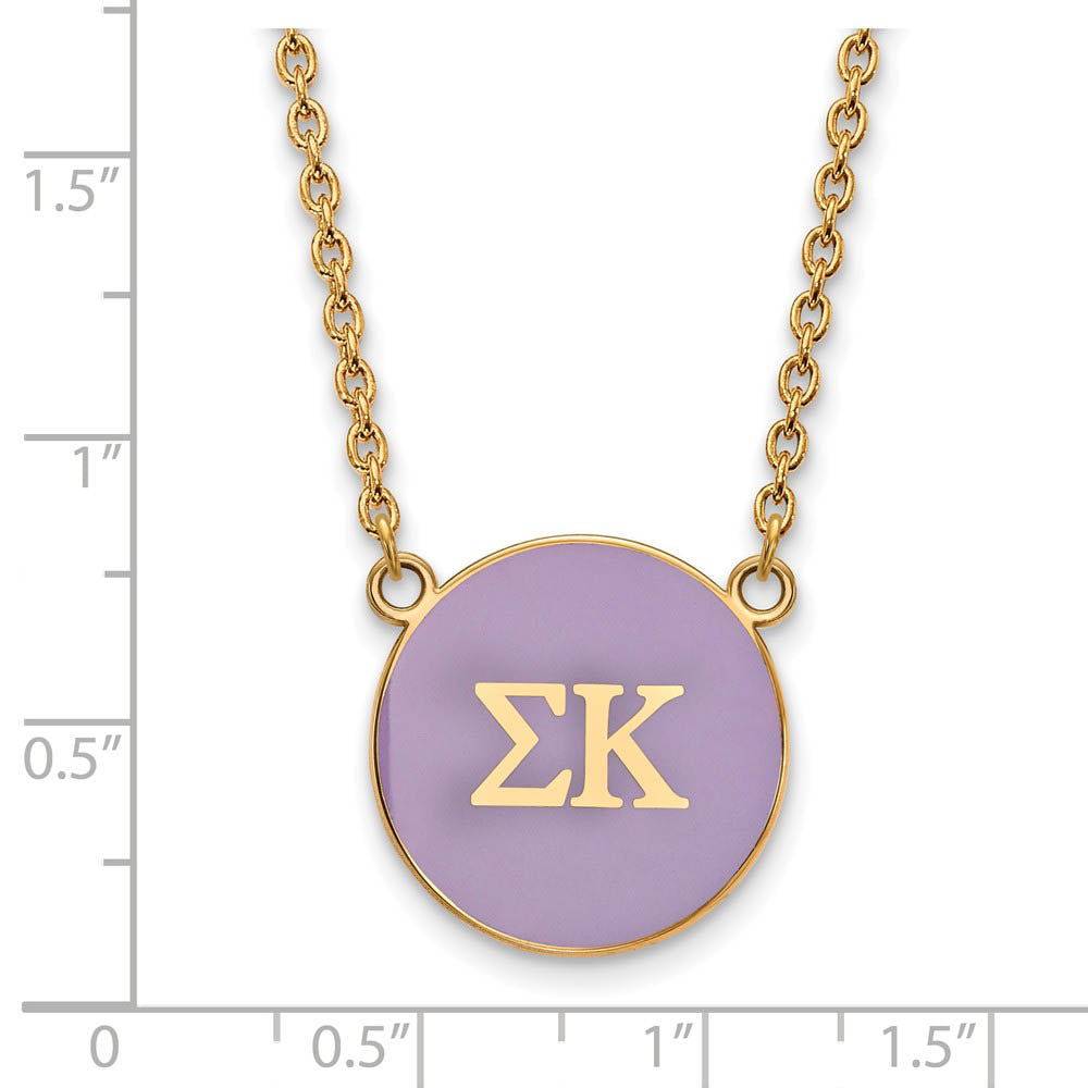 Alternate view of the 14K Plated Silver Sigma Kappa Large Purple Enamel Disc Necklace by The Black Bow Jewelry Co.