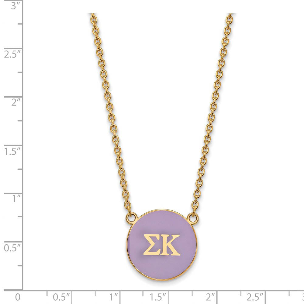 Alternate view of the 14K Plated Silver Sigma Kappa Large Purple Enamel Disc Necklace by The Black Bow Jewelry Co.