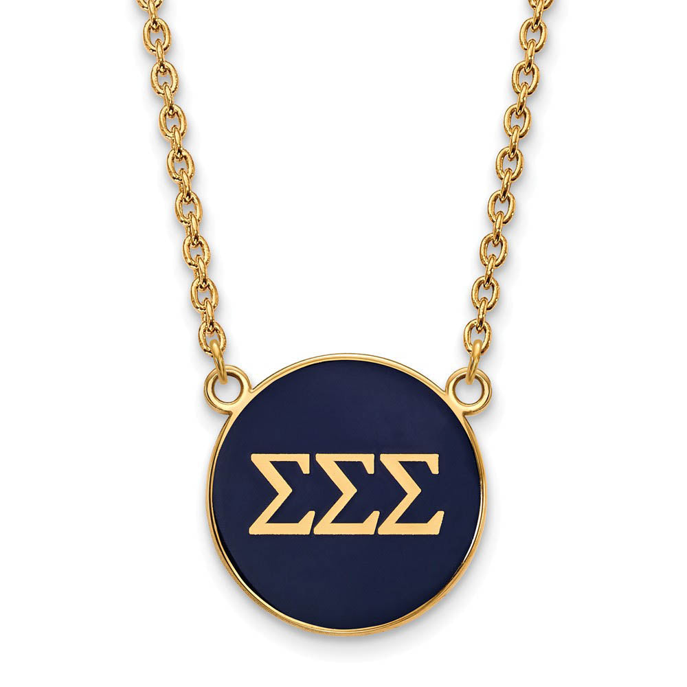 14K Plated Silver Sigma Sigma Sigma Large Blue Enamel Disc Necklace, Item N14540 by The Black Bow Jewelry Co.