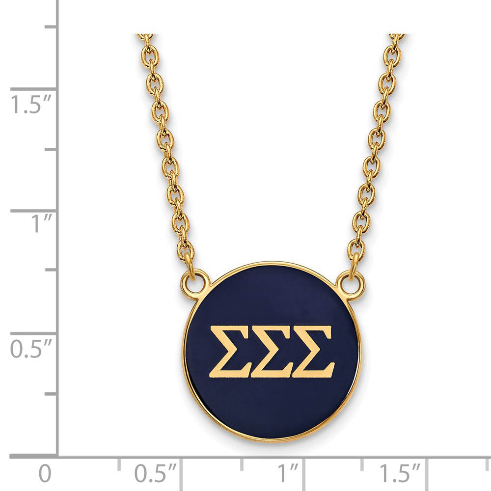 Alternate view of the 14K Plated Silver Sigma Sigma Sigma Large Blue Enamel Disc Necklace by The Black Bow Jewelry Co.