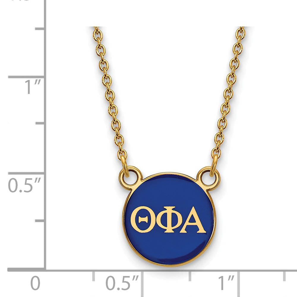 Alternate view of the 14K Plated Silver Theta Phi Alpha Small Blue Enamel Disc Necklace by The Black Bow Jewelry Co.