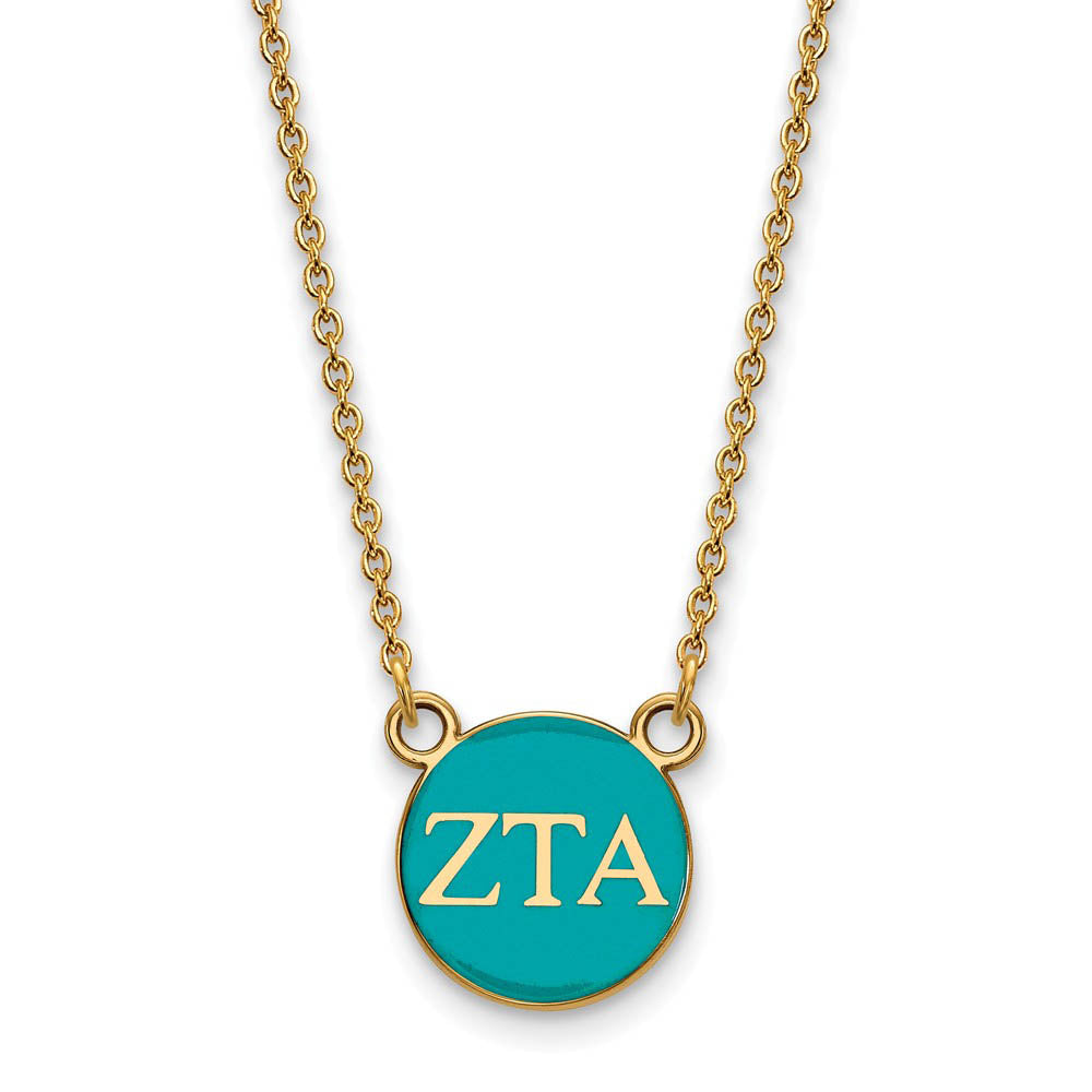 14K Plated Silver Zeta Tau Alpha Small Turquoise Enamel Disc Necklace, Item N14567 by The Black Bow Jewelry Co.