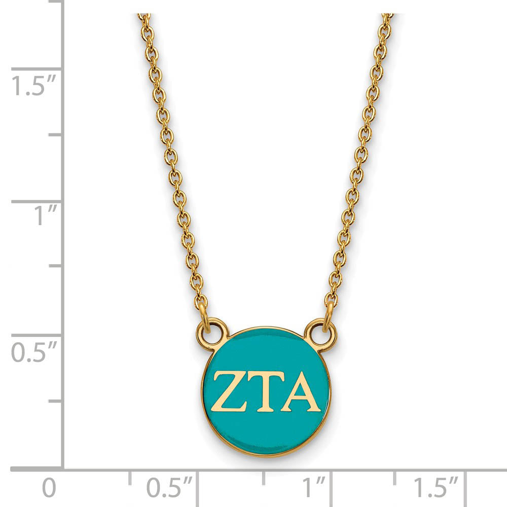 Alternate view of the 14K Plated Silver Zeta Tau Alpha Small Turquoise Enamel Disc Necklace by The Black Bow Jewelry Co.