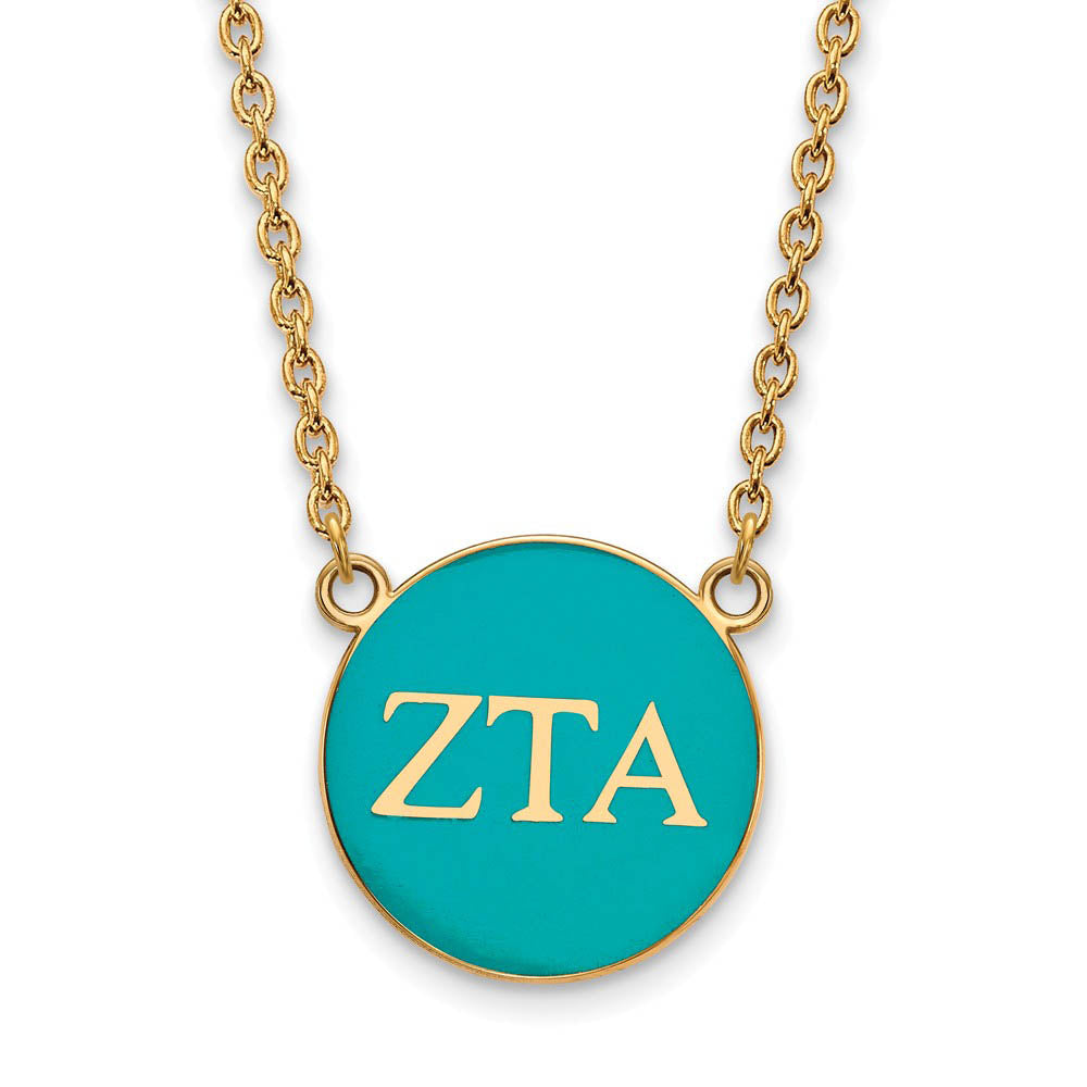 14K Plated Silver Zeta Tau Alpha Large Turquoise Enamel Disc Necklace, Item N14568 by The Black Bow Jewelry Co.