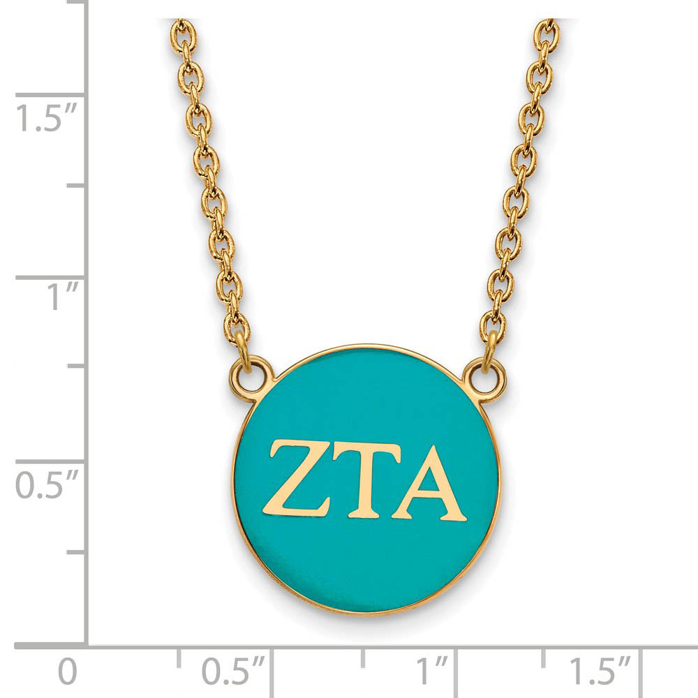 Alternate view of the 14K Plated Silver Zeta Tau Alpha Large Turquoise Enamel Disc Necklace by The Black Bow Jewelry Co.