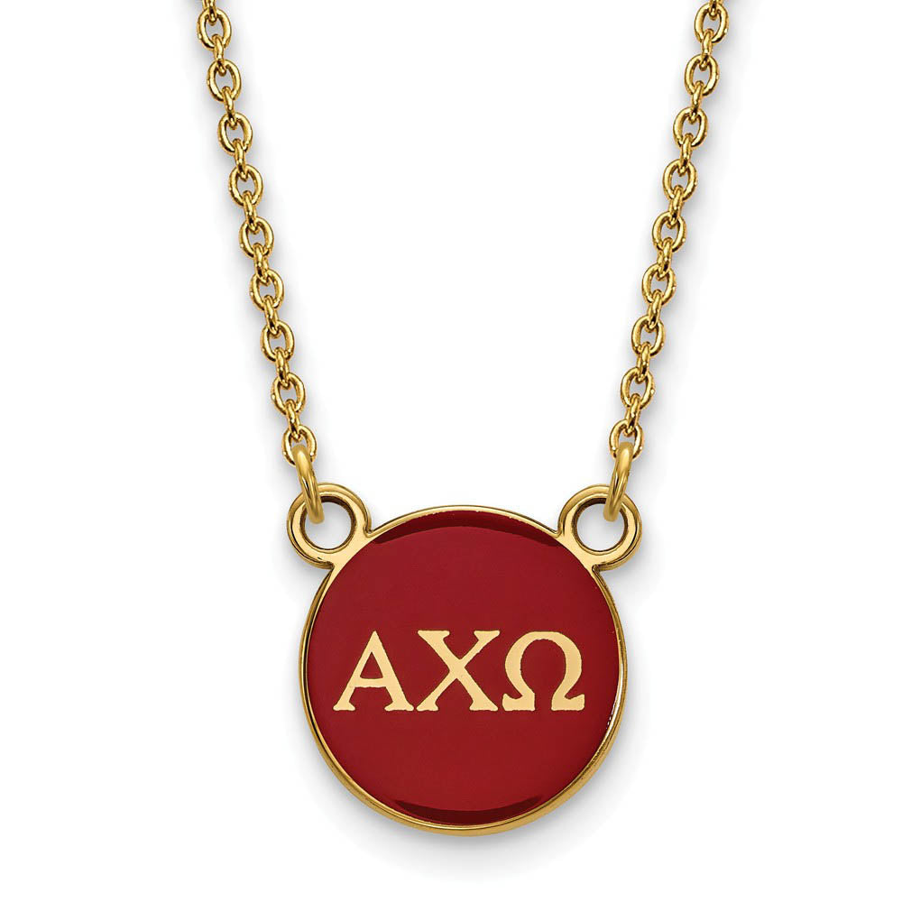 14K Plated Silver Alpha Chi Omega Small Red Enamel Disc Necklace, Item N14581 by The Black Bow Jewelry Co.
