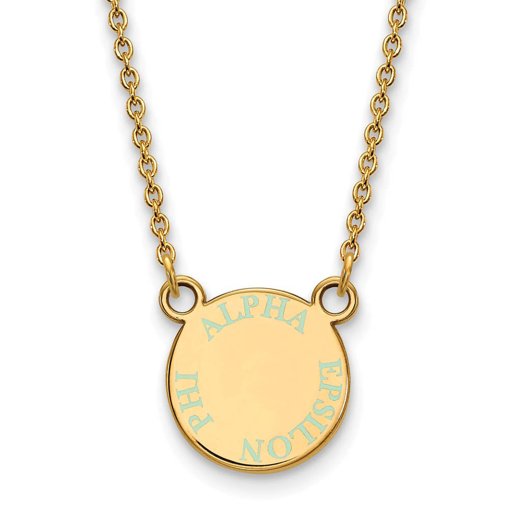 14K Plated Silver Alpha Epsilon Phi XS (Tiny) Aqua Enamel Necklace, Item N14589 by The Black Bow Jewelry Co.