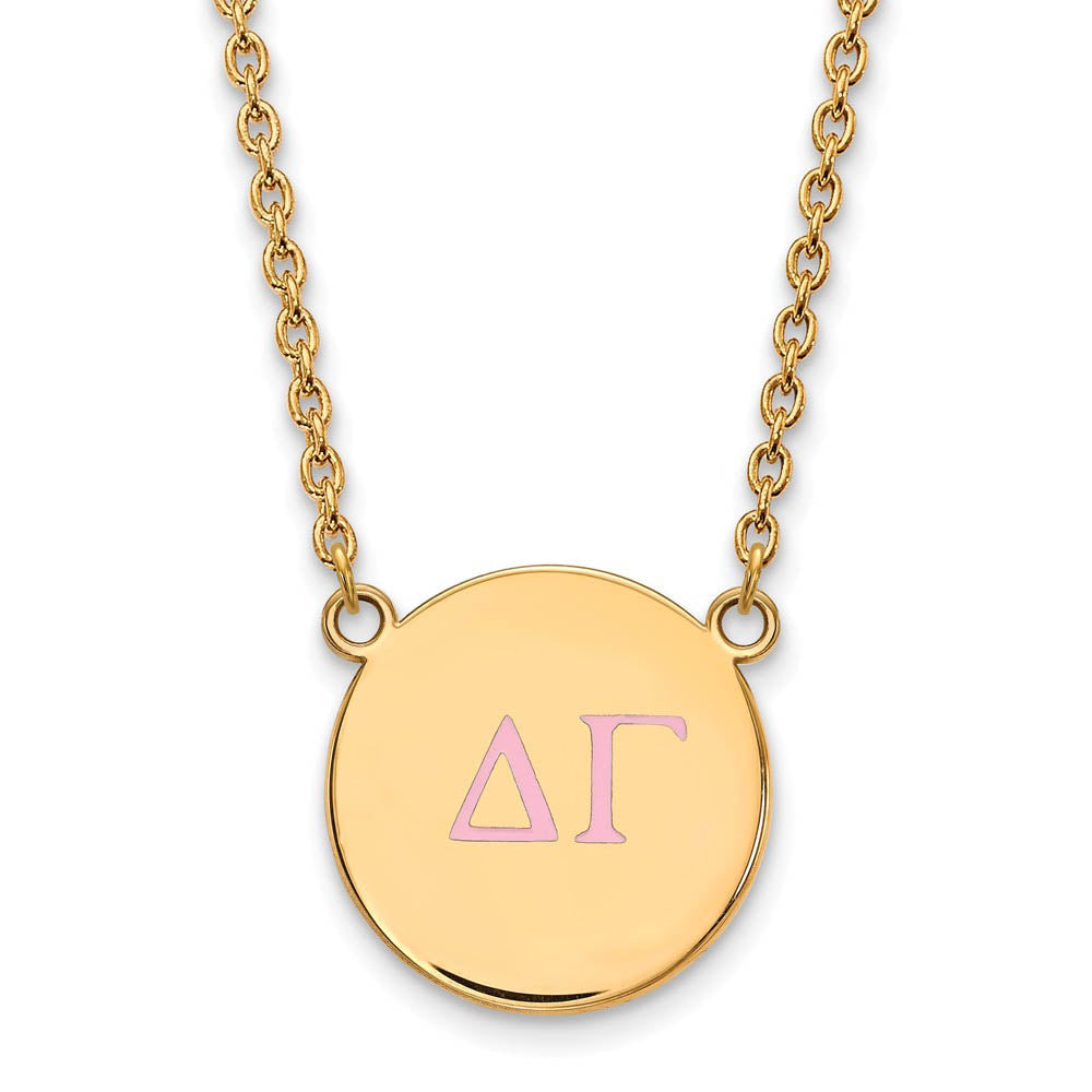 14K Plated Silver Delta Gamma Large Pink Enamel Greek Necklace, Item N14632 by The Black Bow Jewelry Co.