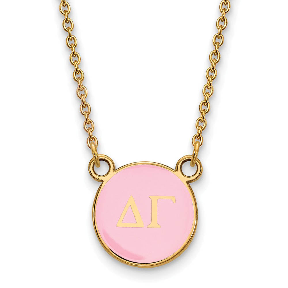 14K Plated Silver Delta Gamma Small Pink Enamel Disc Necklace, Item N14633 by The Black Bow Jewelry Co.