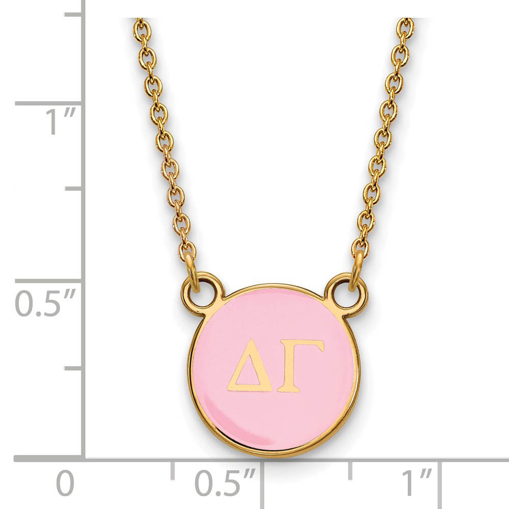Alternate view of the 14K Plated Silver Delta Gamma Small Pink Enamel Disc Necklace by The Black Bow Jewelry Co.