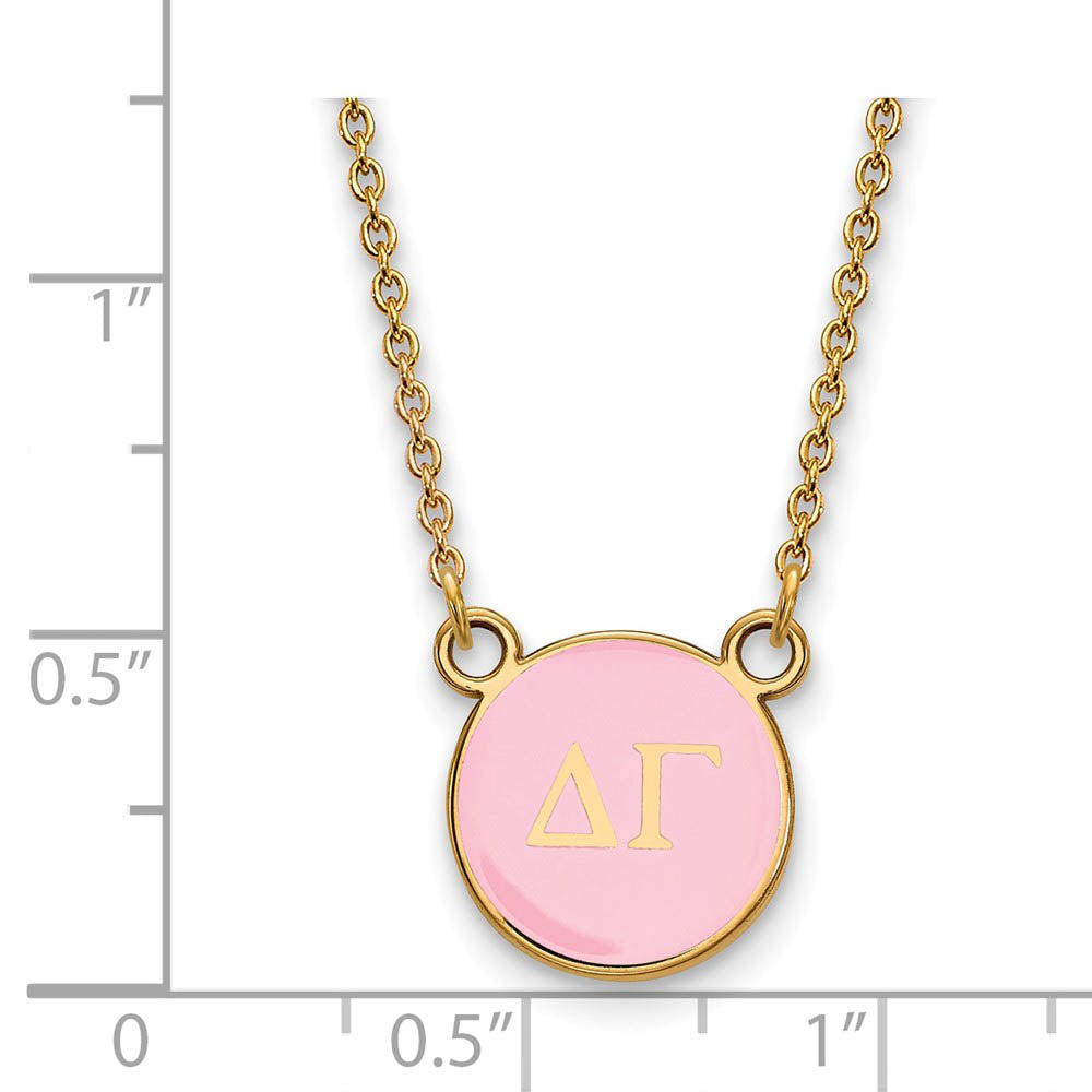 Alternate view of the 14K Plated Silver Delta Gamma Small Pink Enamel Disc Necklace by The Black Bow Jewelry Co.
