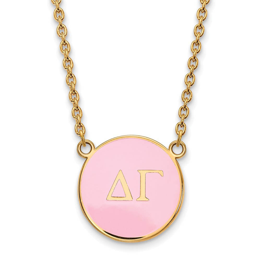 14K Plated Silver Delta Gamma Large Pink Enamel Disc Necklace, Item N14634 by The Black Bow Jewelry Co.