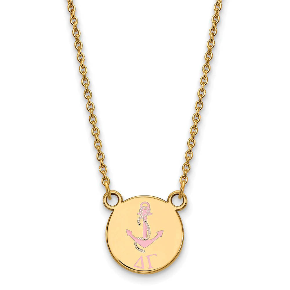 14K Plated Silver Delta Gamma Small Pink Enamel Logo Necklace, Item N14637 by The Black Bow Jewelry Co.