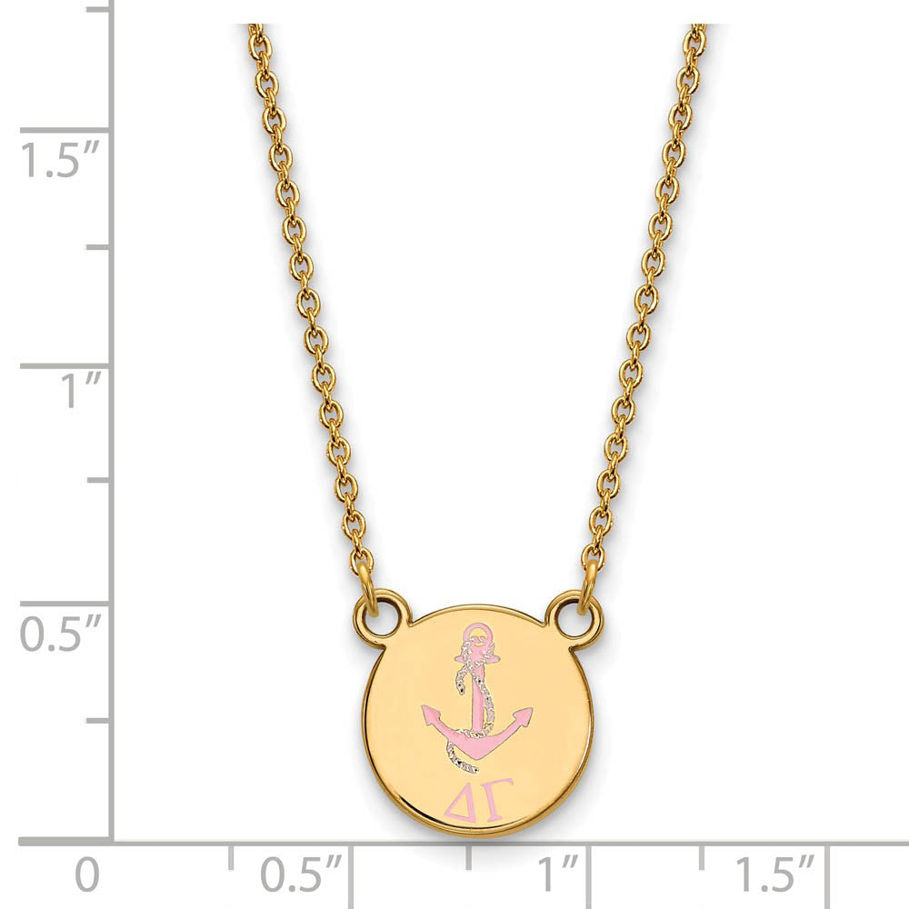 Alternate view of the 14K Plated Silver Delta Gamma Small Pink Enamel Logo Necklace by The Black Bow Jewelry Co.