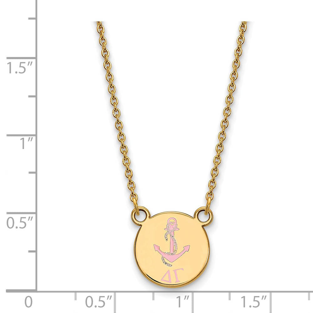 Alternate view of the 14K Plated Silver Delta Gamma Small Pink Enamel Logo Necklace by The Black Bow Jewelry Co.