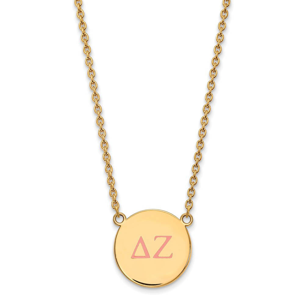14K Plated Silver Delta Zeta Large Pink Enamel Greek Letters Necklace, Item N14640 by The Black Bow Jewelry Co.