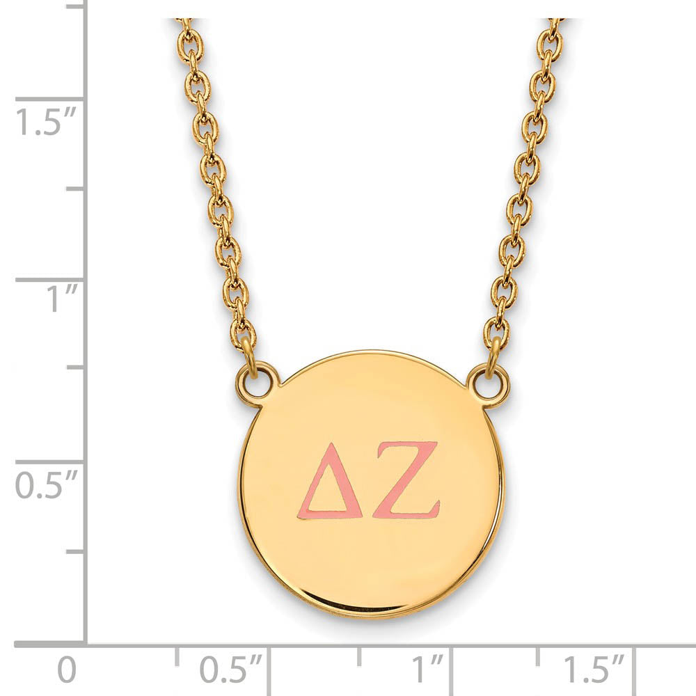 Alternate view of the 14K Plated Silver Delta Zeta Large Pink Enamel Greek Letters Necklace by The Black Bow Jewelry Co.