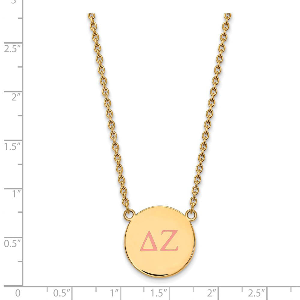 Alternate view of the 14K Plated Silver Delta Zeta Large Pink Enamel Greek Letters Necklace by The Black Bow Jewelry Co.
