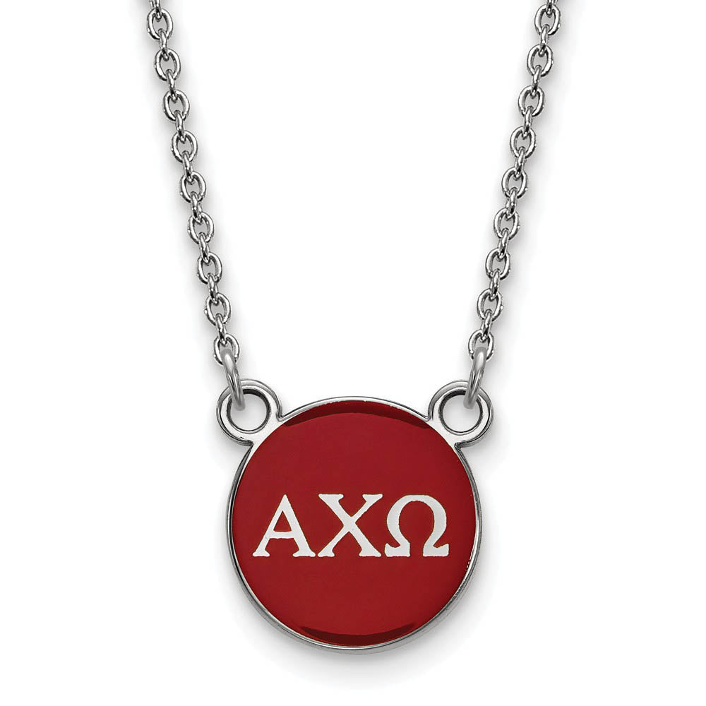 Sterling Silver Alpha Chi Omega Small Red Enamel Disc Necklace, Item N14682 by The Black Bow Jewelry Co.