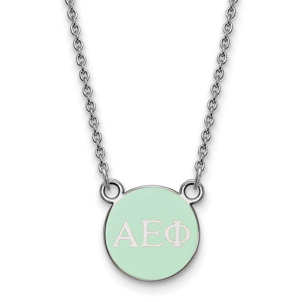 Sterling Silver Alpha Epsilon Phi XS Lt Green Enamel Disc Necklace, Item N14710 by The Black Bow Jewelry Co.