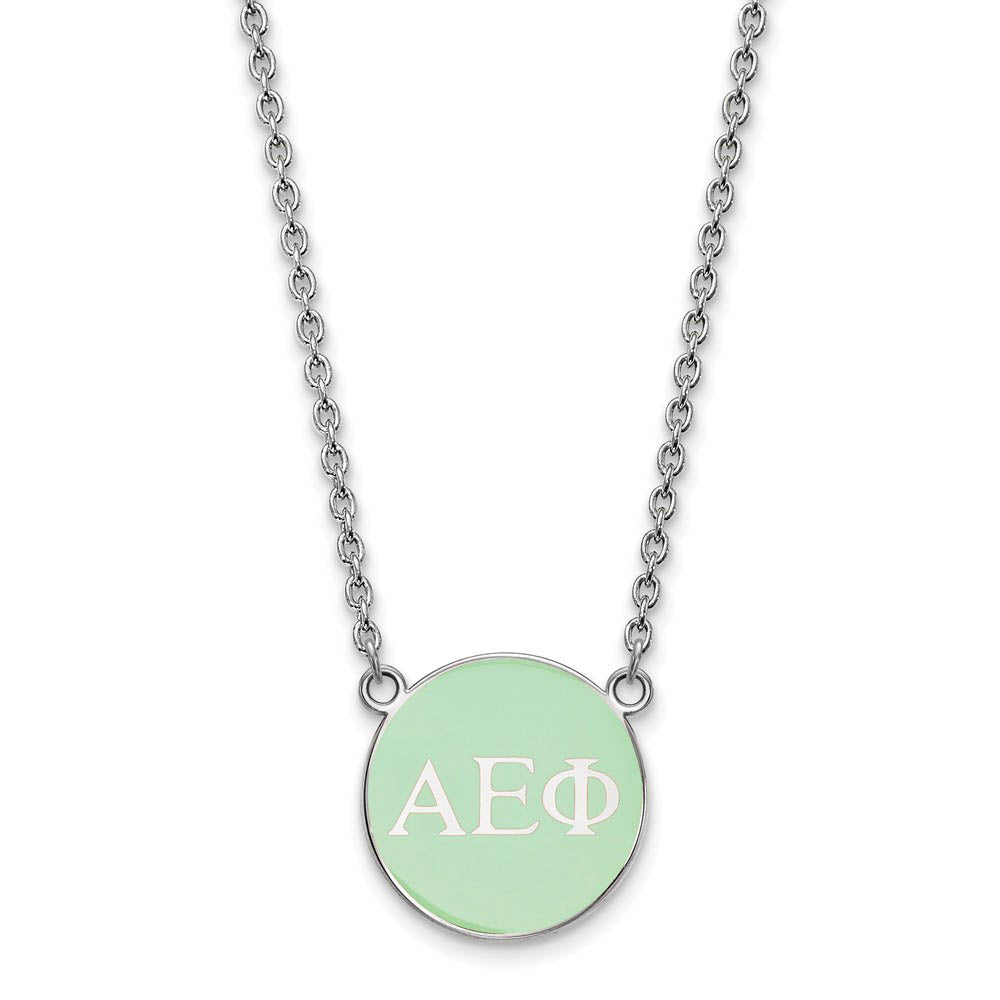 Sterling Silver Alpha Epsilon Phi Small Lt Green Enamel Disc Necklace, Item N14711 by The Black Bow Jewelry Co.