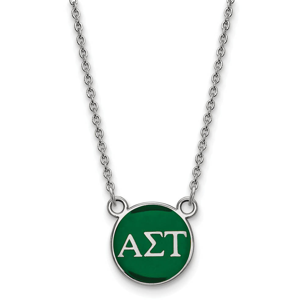Sterling Silver Alpha Sigma Tau Small Green Enamel Disc Necklace, Item N14779 by The Black Bow Jewelry Co.