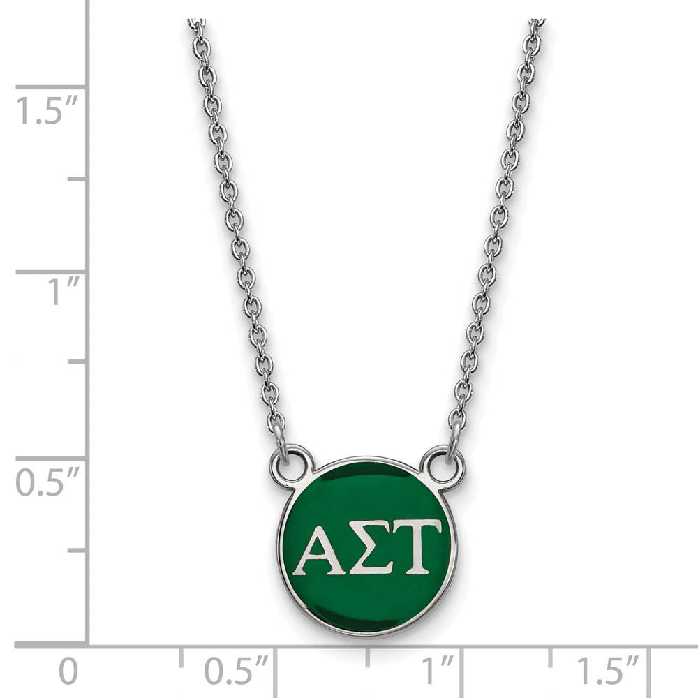 Alternate view of the Sterling Silver Alpha Sigma Tau Small Green Enamel Disc Necklace by The Black Bow Jewelry Co.