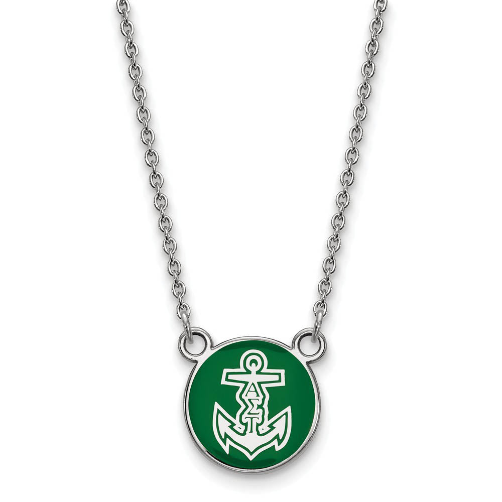 Sterling Silver Alpha Sigma Tau Small Green Enamel Logo Necklace, Item N14781 by The Black Bow Jewelry Co.