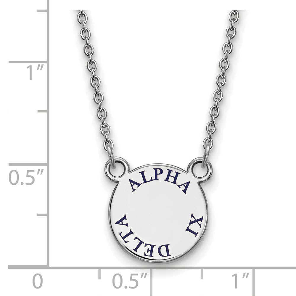 Alternate view of the Sterling Silver Alpha Xi Delta Small Blue Enamel Necklace by The Black Bow Jewelry Co.